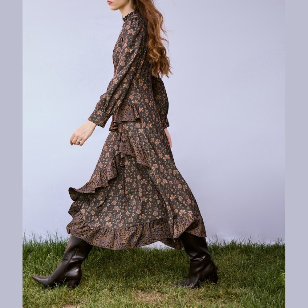 Brown Floral Print Ruffled Tiered Stand Collar Long Sleeve Maxi Dress